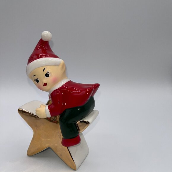 Retro Ceramic Red Elf Pixie Santa's Helper Sitting on a Golden Star Christmas - Picture 10 of 10